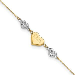 14K Two-tone Diamond-cut and MOM Puffed Heart 9 inch Plus 1 inch Extender - Tota